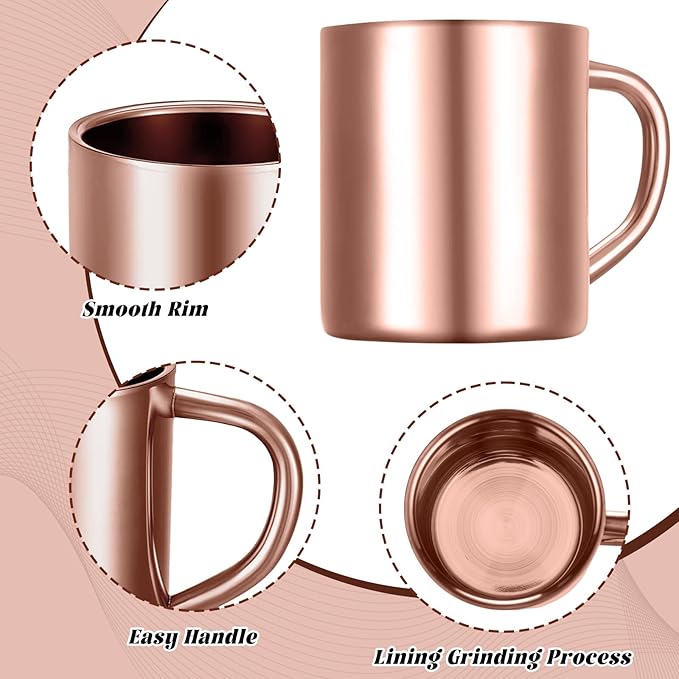Cunhill 4 Set 7.5oz/220ml Stainless Steel Coffee Mug with Handle Metal Double Walled Cups Camping Mug Dishwasher Safe Tea Cups for Home Travel Camping Outdoors Rv Keep Drinks Hot (Rose Gold)