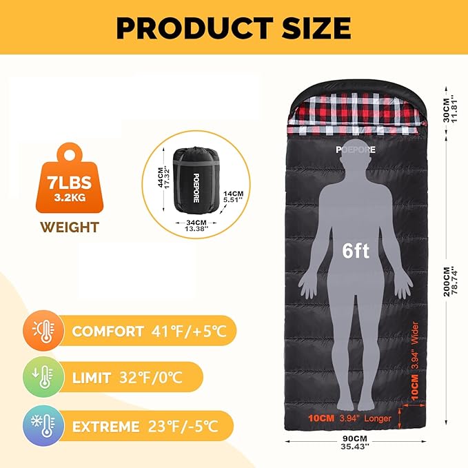 Flannel Sleeping Bag 0 Degree Cold Weather for Adults XXL Sleeping Bag 4 Season Big and Tall with Compression Sack