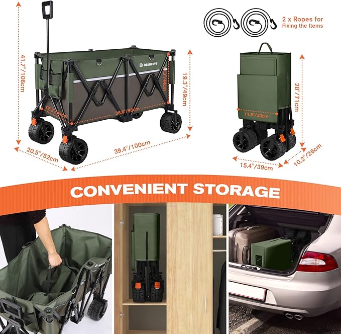 Wagons Carts 440 lbs Foldable Beach Cart with Big Wheel for Sand, Heavy Duty 200L Capacity Collapsible Wagon for Camping, Sports, Shopping, Army Green + Brown