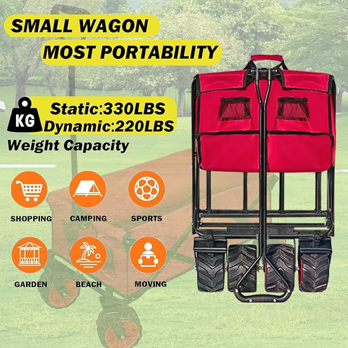 Collapsible Foldable Wagon Cart, Heavy Duty Folding Wagon with Big All-Terrain Beach Wheels, Portable Utility Garden Cart with 330lbs Weight Capacity for Camping Fishing & Outdoor Use
