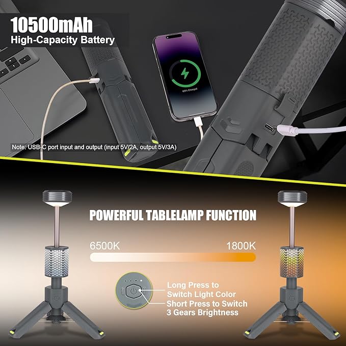 Camping Lantern Rechargeable - Multifunction LED Lantern Battery Powered 10500mAh- Portable Camping Lamp and Flashlight - Telescoping Camp Lights for Hiking,Camping,Emergency Lighting Gray