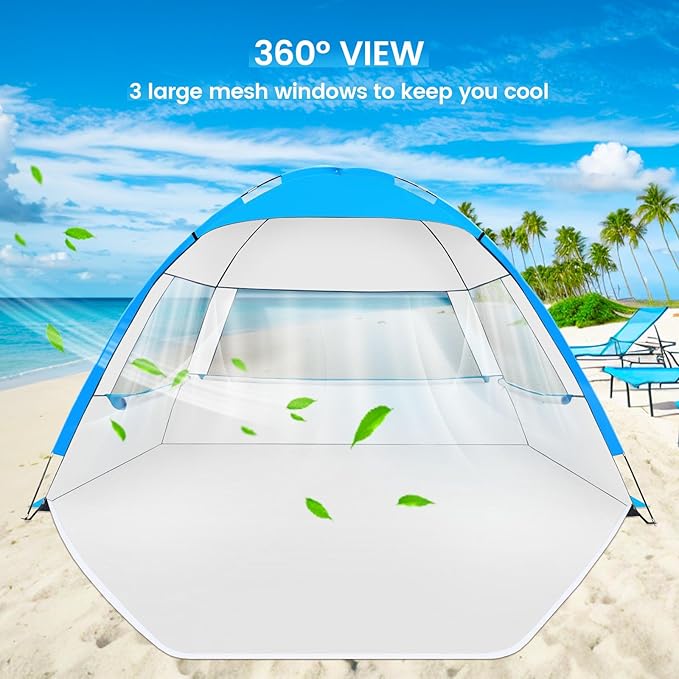 Beach Tent Sun Shelter for 3/4 Person, UPF 50+ UV Protection Beach Canopy, Lightweight & Easy Setup Beach Shade Canopy, Portable Beach Cabana