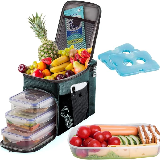 TOP&TOP Insulated Lunch Box and Cooler Bag for Men, Green, Unisex, Polyester, 13"L x 7"W x 9"H, 3 Reusable Meal Prep Containers, 2 Ice Packs, Detachable Shoulder Strap