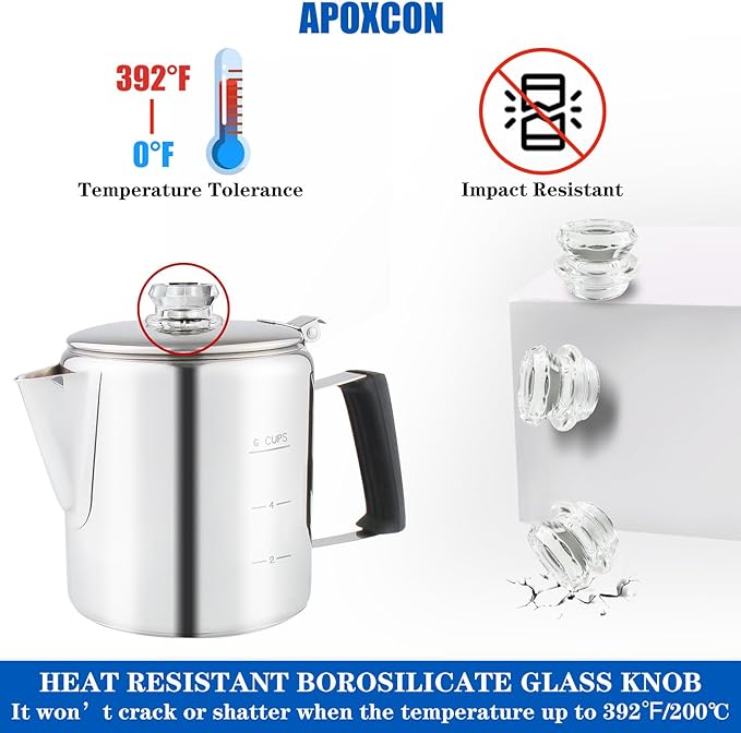Multi Use Percolator Coffee Pot Stainless Steel Stove Top Coffee Maker with Two Tough Borosilicate Glass Knob Silica Handle Camping Coffee Pot Using on Campfire Stove & Induction Cooker Silver 6 Cup
