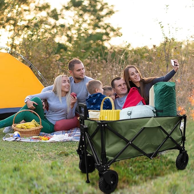 Folding Portable Large Sturdy Camping Wagon Carts, Utility Grocery Shopping Cart, Garden Farm Transport Cart, 360°Swivel Wheels & Brakers, Green