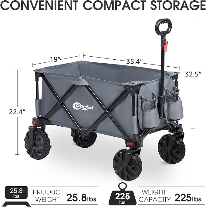 PORTAL Collapsible Folding Utility Cart, Heavy Duty Foldable Wagon with All Terrain Wheels, Large Capacity Beach Cart for Camping, Garden, Shopping, Groceries, Grey