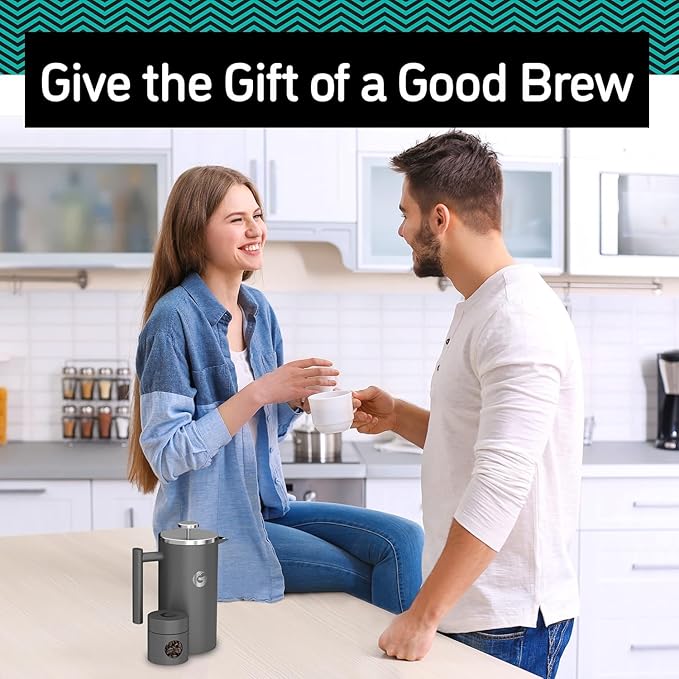 Coffee Gator French Press Coffee Maker - 34oz Double Insulated Stainless Steel Brewer plus Travel Jar Canister, Portable Hot Cold Brew Teapot Cafetera for Coffee Bar Accessories Kitchen Camping, Gray