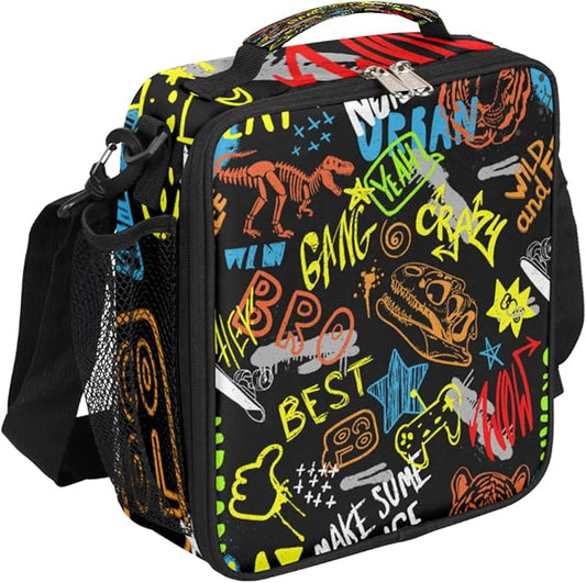 cfpolar Dinosaur Lunch Box for Boys Game Insulated Lunch Bags Reusable Mini Cooler Lunch Tote Mens Lunchbox Thermal Meal Tote Kit with Shoulder Strap for Work School Picnic