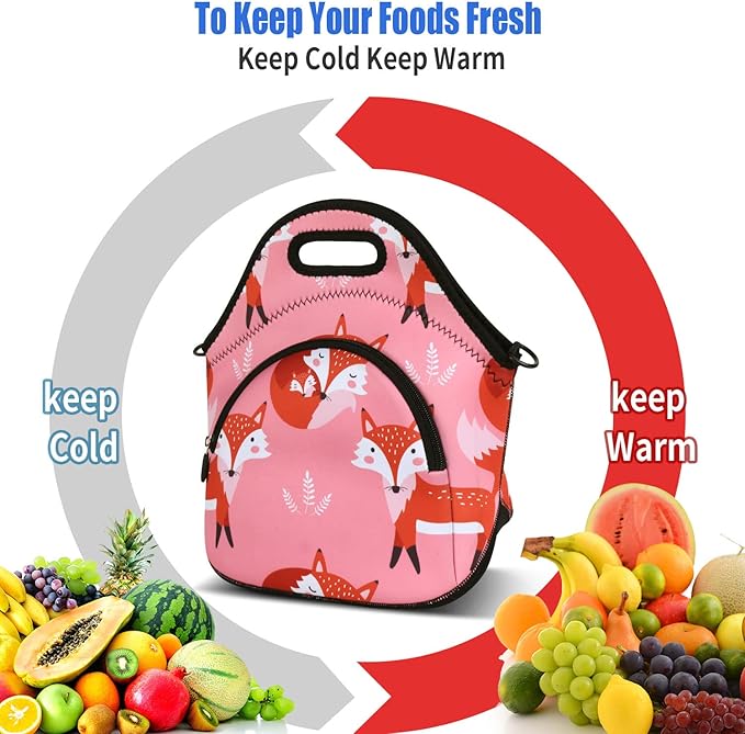 Violet Mist Neoprene Insutated Lunch Bag with Pocket Shoulder Strap Women Cute Animal Cartoon Lunch Box Resuable Waterproof Fox Pink LunchBag Tote Food Containers Gift Women Adult Work Picnic Travel