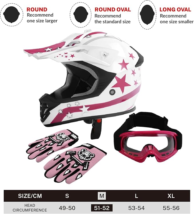 TCT-MOTORPARTS DOT Youth Kids Motocross ATV Four Wheeler Girls Riding Racing Helmets Offroad Street Dirt Bike Go-Kart BMX MX Full Face Helmet Pink Star Medium Size