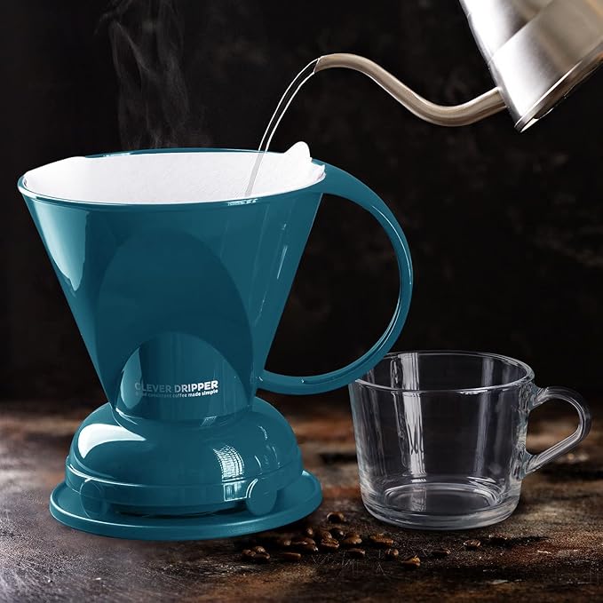 Clever Coffee Dripper and Filters, Large 18 oz| Barista's Choice| Safe BPA Free Plastic|Includes 100 Filters (Peacock Blue)