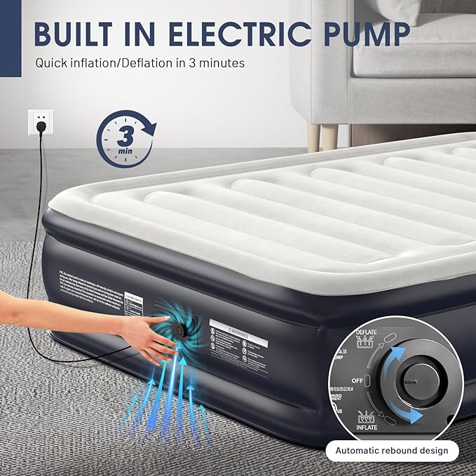 Air Mattress Queen With Built In Pump,18''Raised Blow Up Mattress 2 Mins Self-Inflation/Deflation,Upgraded Thicker Inflatable Mattress，Air Bed with Storage Bag for Guests,Home，Camping，660 lbs Max