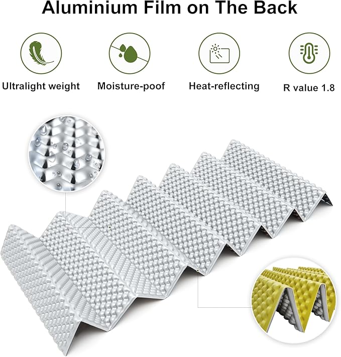 YIKI Closed Cell Foam Sleeping Pad for Camping, 72.8x22 inch, Ultralight Foldable Foam Sleeping Mat with Heat Reflective Layer, Waterproof Backpacking Pad for Hiking, Tent, Outdoor Use