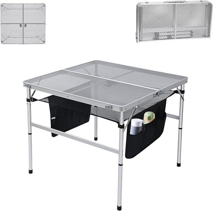 Nice C Square Table for Grill, Folding Table, Camping Table, Outdoor Table, Card Table, Height Adjustable, Mesh Bag Lightweight, Carry Handle, Aluminum (23.6"x23.6" White)