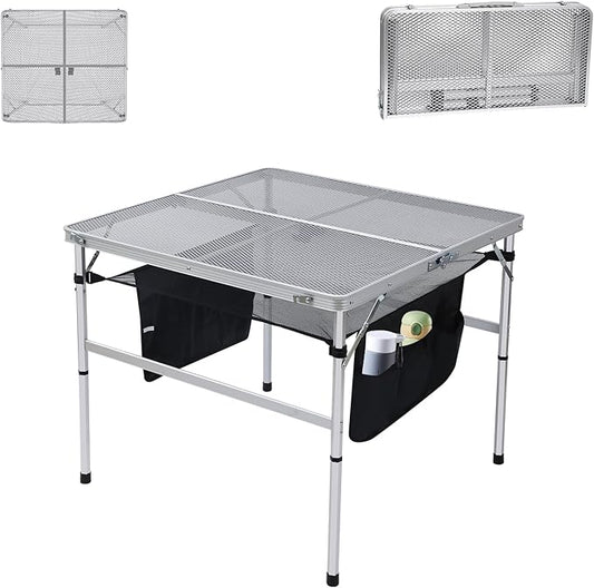 Nice C Square Table for Grill, Folding Table, Camping Table, Outdoor Table, Card Table, Height Adjustable, Mesh Bag Lightweight, Carry Handle, Aluminum (23.6"x23.6" White)