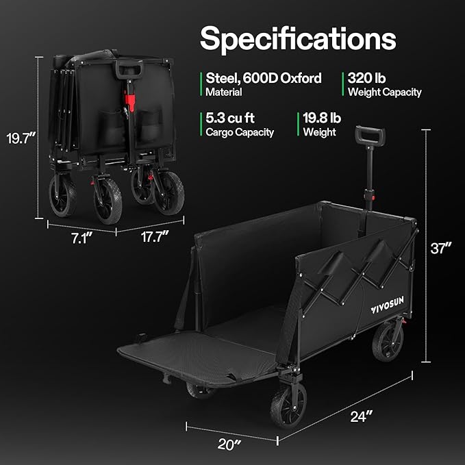VIVOSUN Collapsible Wagon with Tailgate, 320lb Load-Bearing Outdoor Utility with All-Terrain Wheels, Adjustable Handle, Cup Holders for Camping, Shopping, Garden, Sports, Picnic, Black