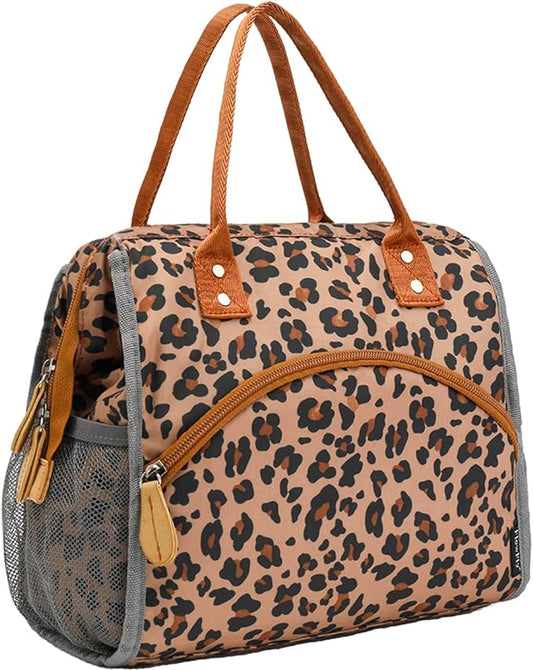 FlowFly Insulated Lunch Bag Wide-Open Lunch Box Large Tote Leakproof Cooler with Drink Holder and Multi Pockets for Women Men Adult Kids Work Picnic Travel Beach Hiking, Leopard