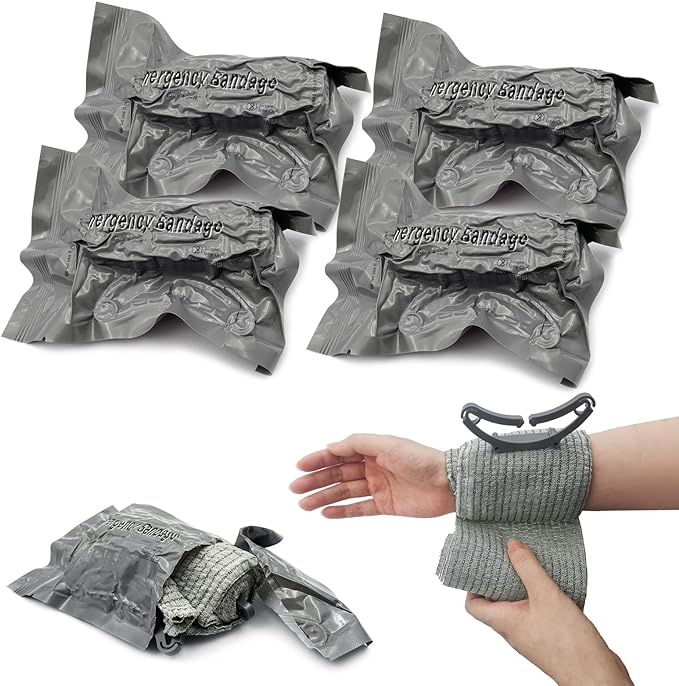 Israeli Emergency Bandage 4 Inch, Vacuum Sealed Medical Compression Bandage,Trauma Wound Dressing, Self-Adhesive Combat Tactical First Aid Kit (4 Inch 4 Pcs)