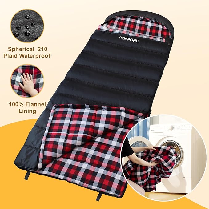 Flannel Sleeping Bag 0 Degree Cold Weather for Adults XXL Sleeping Bag 4 Season Big and Tall with Compression Sack