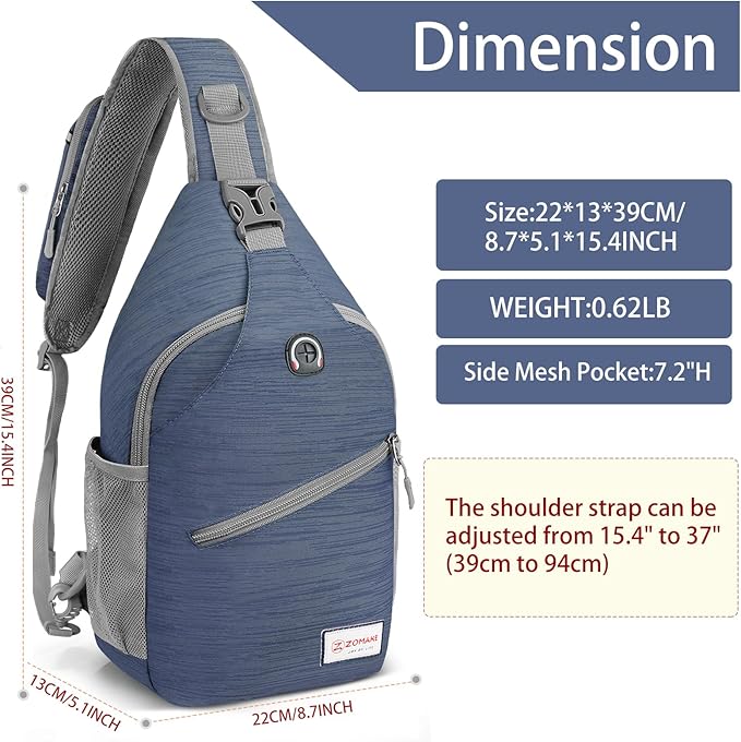 ZOMAKE Sling Bag for Women Men, Small Crossbody Sling Backpack, Mini Water Resistant Shoulder Daypack for Travel, Anti Thief Chest Bag for Hiking, Sports, Navy Blue(Stripe)