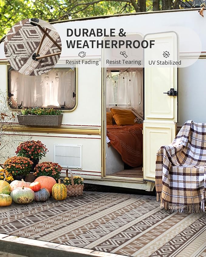 MontVoo Outdoor Rug Carpet Waterproof-Patio Rug Mat 5x8 Reversible RV Camping Rug Picnic Mat Plastic Straw Outside Rug for Balcony Porch Deck Beach-Boho Outdoor Area Rug for Patio Decor Colorful