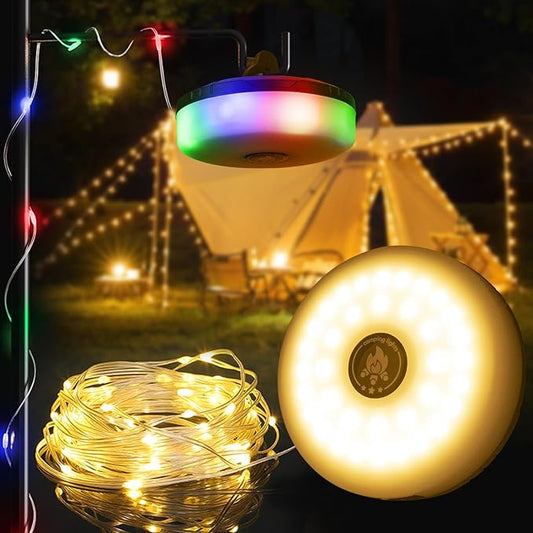 DGE Camping String Lights, 8 Lighting Modes 2-in-1 Outdoor String Lights with RGB and Warm White Light (32.8ft), Quick Storage, Waterproof, Type-C Charging for Camping, Holiday