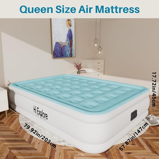 Air Mattress Queen with Built in Pump Raised, Comfort Plush Self Inflating Mattress, Inflatable Blow Up Mattress, Portable Airbed for Home, Guests, Camping(Light Blue, 18” Height)