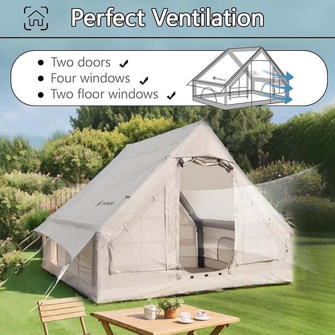 Inflatable Tent for Camping Blow Up Tents Glamping 4 Season House, Air Tents with Pump, Easy Setup Oxford Cabin House with Double-Layer Mesh Windows & Double Doors