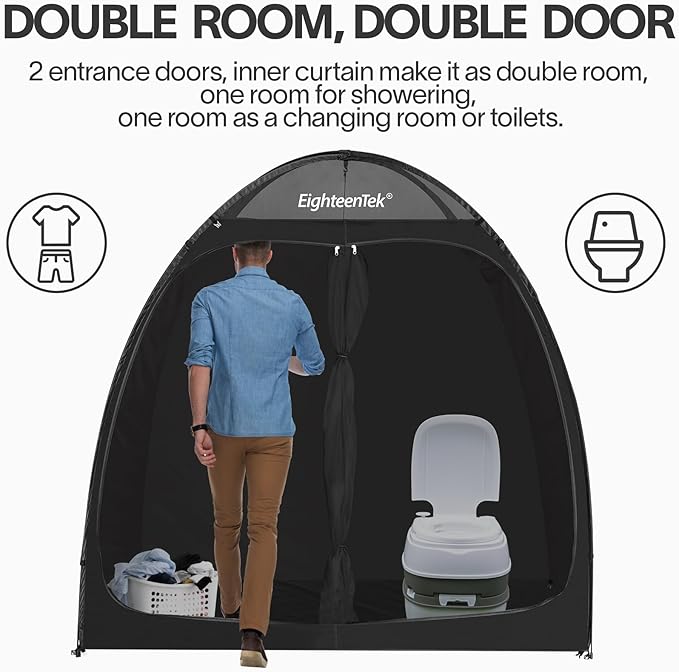 EighteenTek Camping Shower Tent Changing Room with Fixed Floor 2 Rooms and Doors Outdoor Pop Up Camping Toilet Portable Privacy Dressing Shelter with Carry Bag 83"x43"x80"