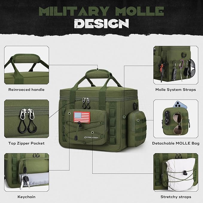 Maelstrom Large Tactical Lunch Box for Men,Insulated Lunch Bag, Leakproof Soft Cooler Bags with Detachable MOLLE Bag,Durable Lunch Tote for Adult Women Work,Picnic,30 Cans/20 L, Army Green