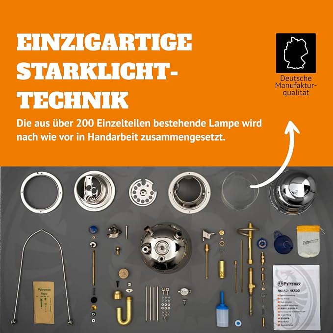 Petromax HK500 Pressurized Lantern, 500 Candlepower with 1 Quart Kerosene Tank for Home, Camping or Emergency Lighting, Hand Assembled High Pressure 400 Watt Lamp, Polished Brass