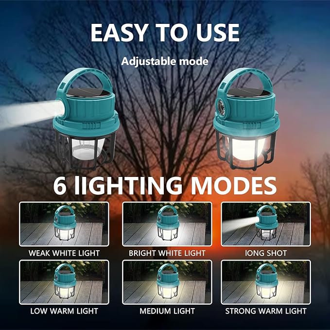 LED Camping Lantern Rechargeable, Solar Camping Lantern with USB Cable, 6 Light Modes Included with Two Light Source Modes for Hurricane, Power Outages