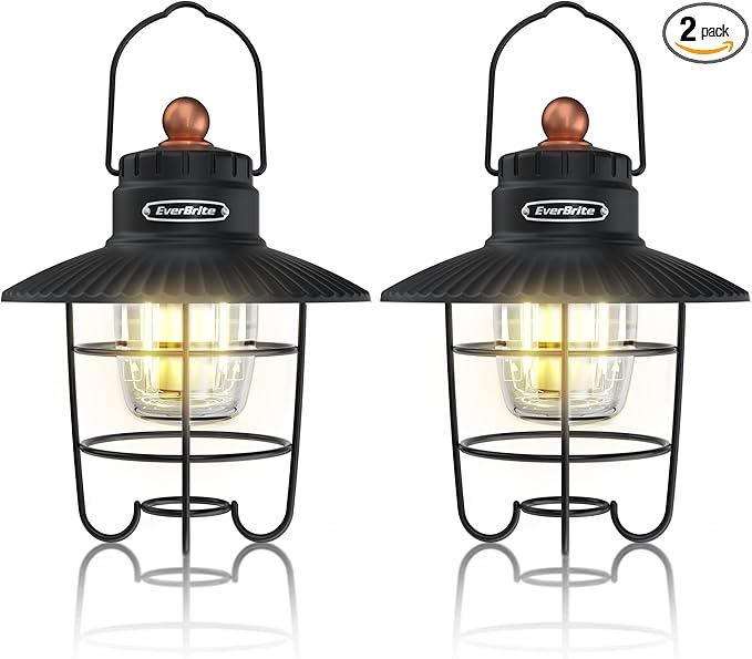 EverBrite LED Camping Lantern Pack of 2, USB C Rechargeable Lantern with 3 Light Modes, Vintage Outdoor Lanterns with Power Bank Function for Power Outages, Hurricane, Emergency, Fishing