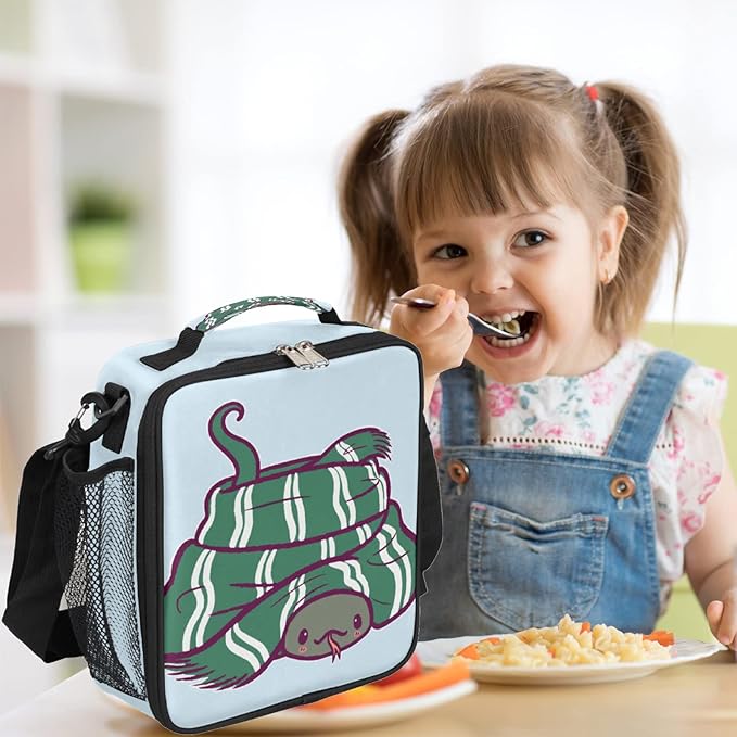 cfpolar Kids Lunch Bag, Green Snake Wear Scarf Reusable Insulated Lunch Box for Kids, Thermal Cooler Lunch Tote Leakproof Lunch Box with Shoulder Strap for School Daycare