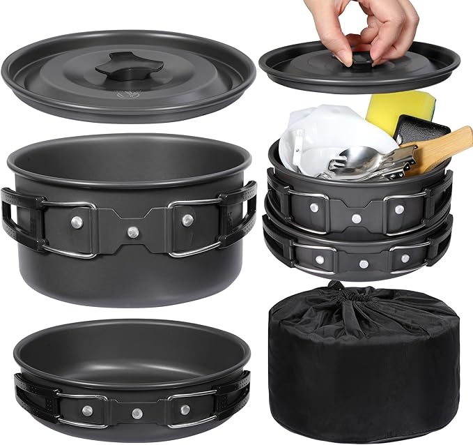 REDCAMP 12/14/15/19 PCS Camping Cookware Mess Kit Camping Gear Campfire Utensils Lightweight Stackable Pot Pan Bowls Soup Spoon with Storage Bag for Camping, Backpacking, Outdoor Cooking, Picnic
