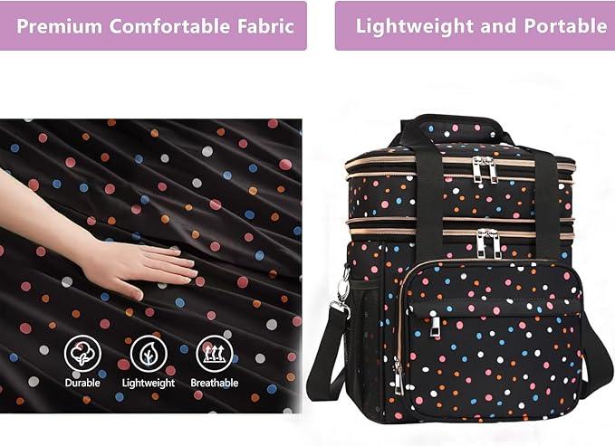 GLENKEY Expandable Lightweight Insulated Lunch Box for Women, Double Deck Large Lunch Bag Leakproof Soft Cooler Bags for Adults Work Office Flight Beach Travel, Polka Dots, 16L
