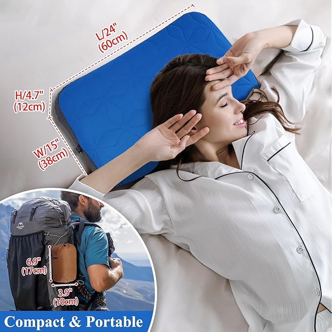 Camping Pillow with Removable Cover Large Size 24" x 15" - Ultralight Inflatable Pillow for Camping Lightweight, Ergonomic and Washable for Camping, Hiking, and Travel Blue