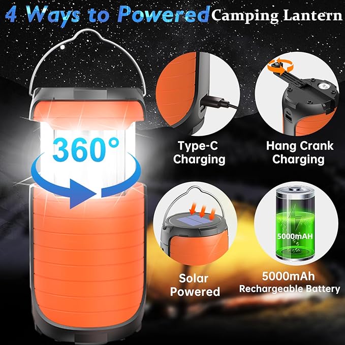 Battery Operated Camping Light Rechargeable, Manual Crank Generator/Solar Panel/USB-C Charging, 5000mAh Power Bank Foldable LED Tent Light, Power Outage, Outdoor Emergency Survival Essentials (Orange)