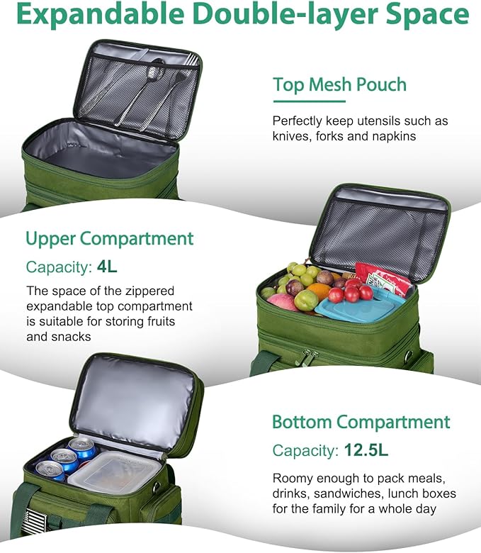 Tactical Lunch Box for Men, Large Insulated Bag Adult, Heavy Duty Double Deck Expandable Cooler Leakproof Waterproof Tote Work Office Camping Travel - Green, LB-KH0606