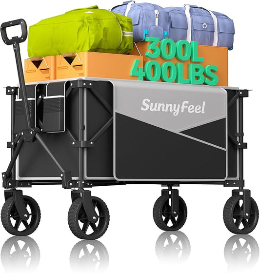 SunnyFeel Heavy Duty Collapsible Outdoor Utility Wagon Cart 300LB Capacity Adjustable Handlebar,Foldable Beach Wheels Stable Durable Oxford Fabric for Shopping Garden Camping (Black & Grey)