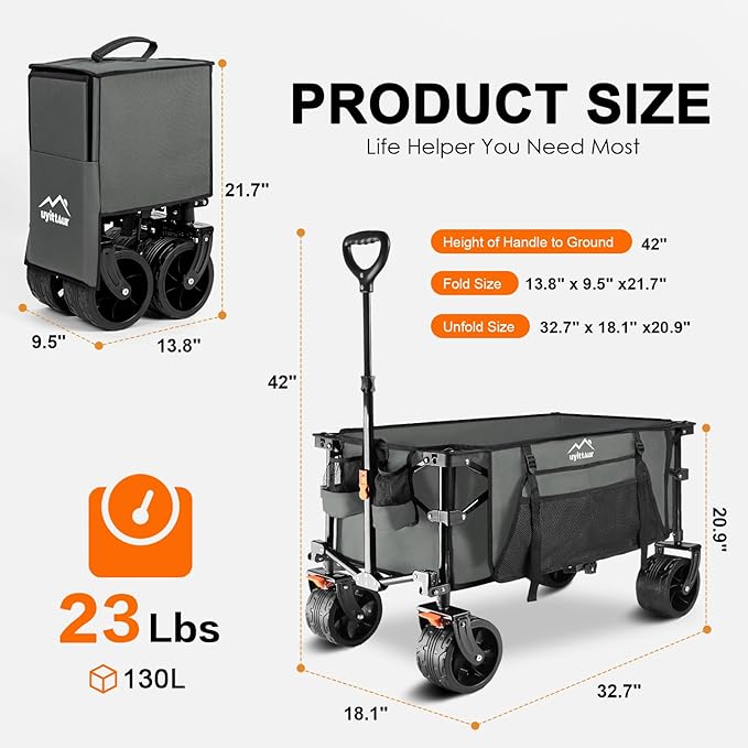 Collapsible Wagon Cart Heavy Duty Foldable, Folding Beach Wagon with Big Wheels for Sand, Utility Grocery Cart with Side Pocket and Brakes for Camping Sports Outdoor Activities, Grey