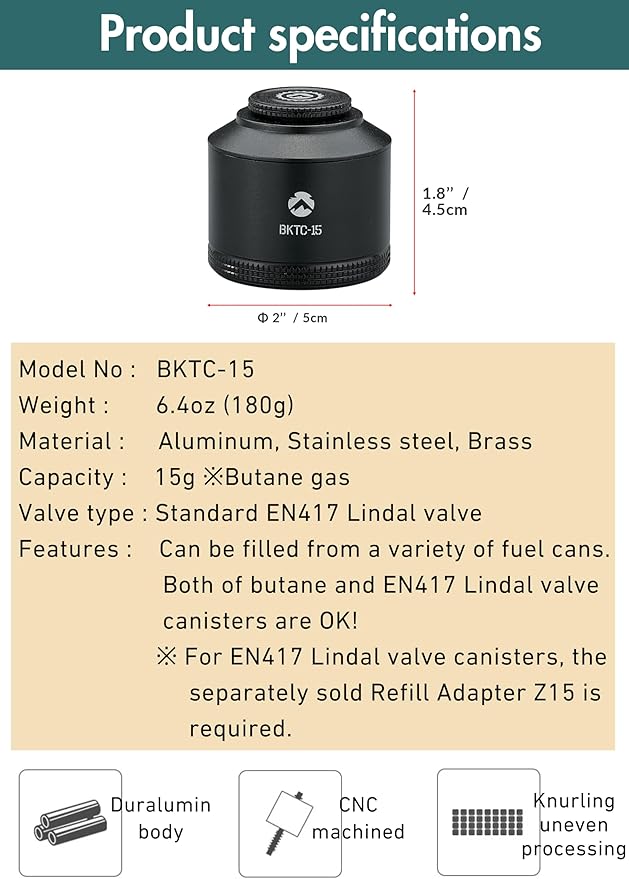 CAMPINGMOON Refillable Gas Canister Empty Pocket Tank for Gas Lantern Backpacking Camping 15g Black BKTC-15
