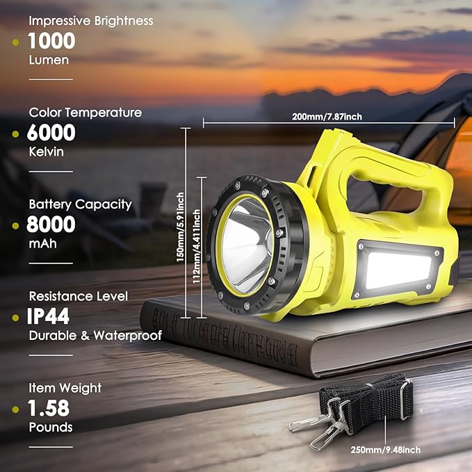 Rechargeable LED Flashlight, Camping Lantern Flashlight with 1000LM, 7 Modes, Power Bank, IPX4 Waterproof Camping Essentials Light for Hurricane Emergency Hiking Survival Kits - Yellow