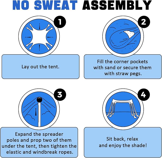 Beach Tent, UPF50+ Protection Sun Shade Canopy with 8 Sand Bags, Sturdy and Durable,Easy to Install, Outdoor Beach Tent Sun shelter for Camping Trips, Backyard，Picnic (9.8 x 9.8 Ft, Dark Blue)