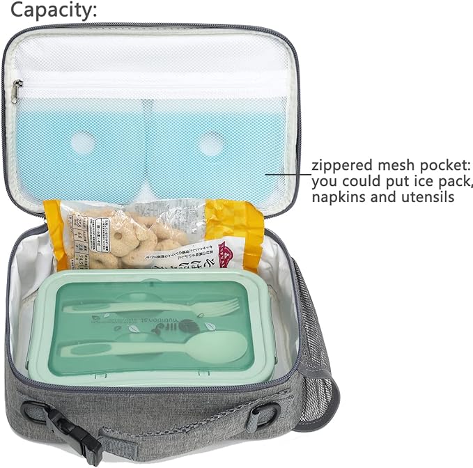 FlowFly Kids Lunch Bag, Durable Insulated School Lunch Box with Shoulder Strap and Bottle Holder, Water-resistant Thermal Small Lunch Cooler Tote for Teen Boys & Girls,Grey