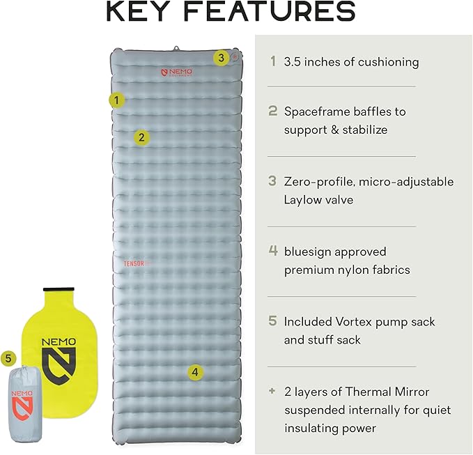 NEMO Equipment Tensor All-Season Ultralight Insulated Sleeping Pad - Long Wide (76"x25") - Blade/Spicy Orange