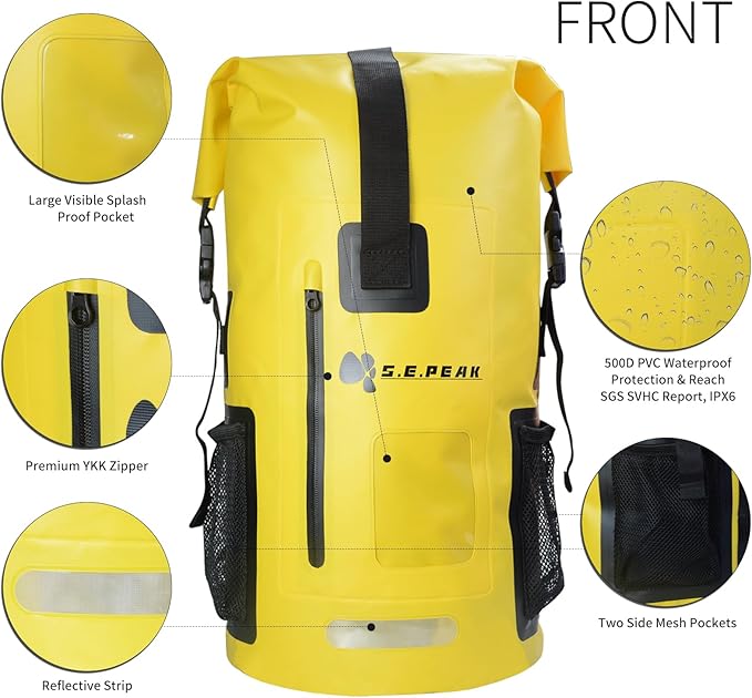 SEPEAK 55L Waterproof Marine Dry Bag, Roll Top Backpack, Heavy Duty Dry Sack for Kayaking, Boating,Swimming,Diving,Surfing,Rafting,Fishing,Camping,Hiking,with Reflective Strip,Yellow