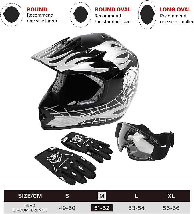 TCT-MOTORPARTS DOT Youth Kids Helmet Motocross ATV Helmets Offroad Street Dirt Bike Go-Kart BMX MX Full Face Helmet Black Skull Medium Size