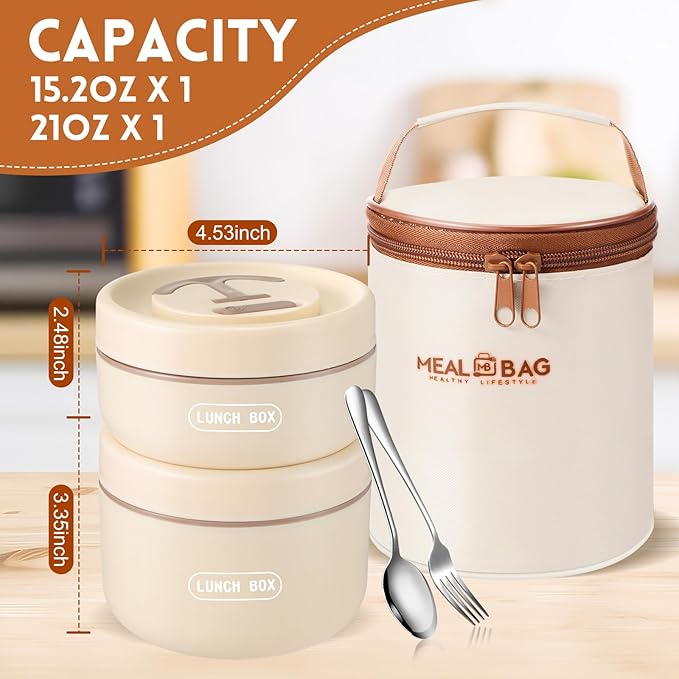 Dandat 2 Pcs Insulated Lunch Containers Thermal Bento Box with Bag Fork Knife Microwavable Stainless Steel Lunch Box 15.2 oz 21 oz Separate Stackable Thermal Food Jar for Adult Men Women(Beige)