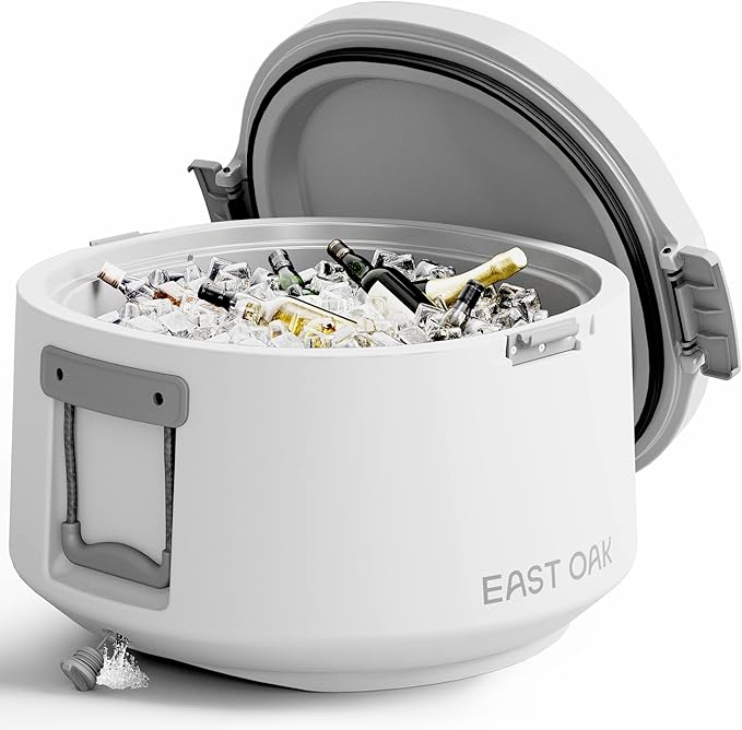 East Oak Hard Cooler 25 QT Round Ice Chest with Drain Plug Insulated Portable Outdoor Cooler for Camping Backyard Party High Capacity 28 Cans, Arctic White